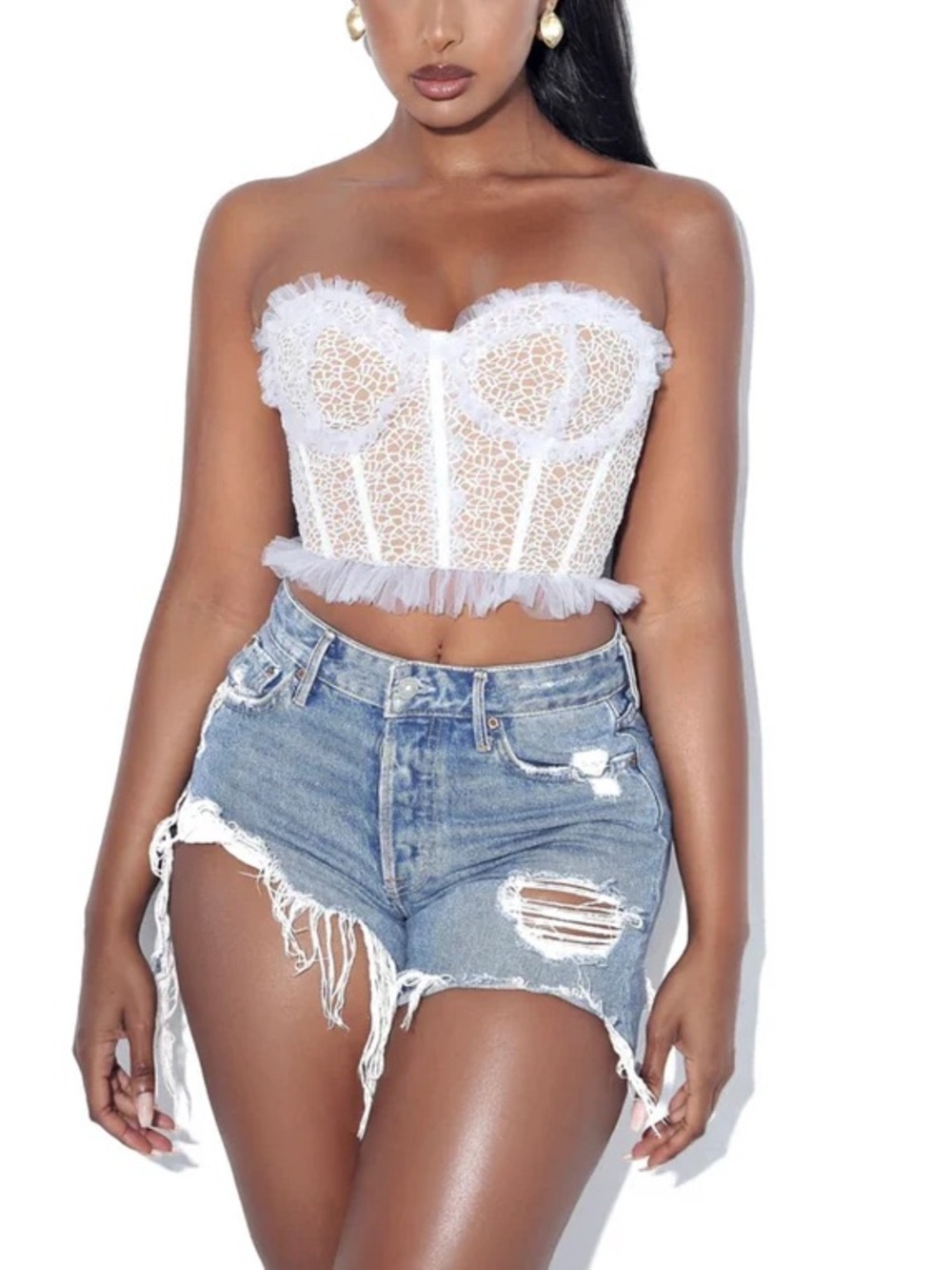 Miss Circle Oprah White Nude Lace Strapless Ruffled Corset